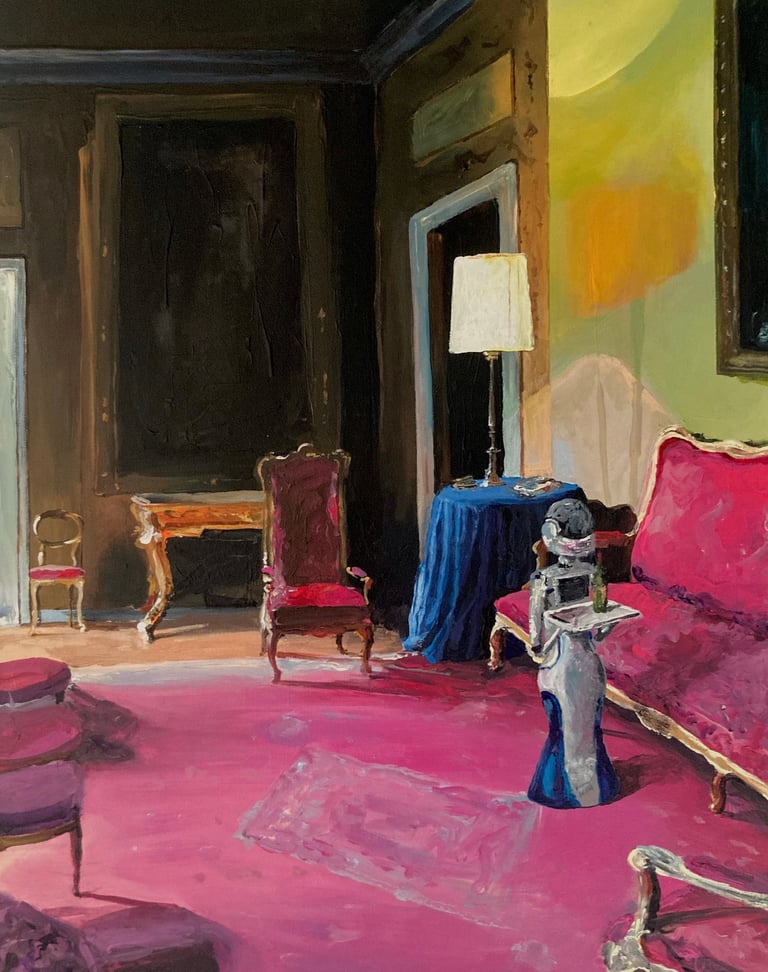 Peinture surréaliste en acrylique représentant une scène urbaine