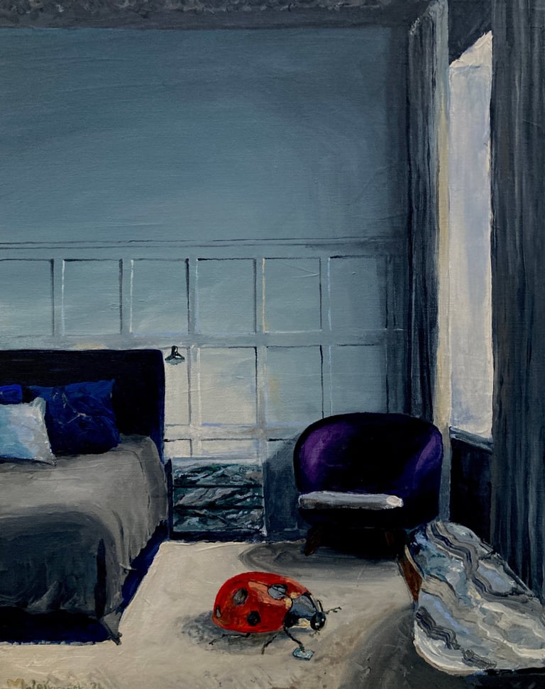 a painting of a bedroom with a bed and a chair and ladybird