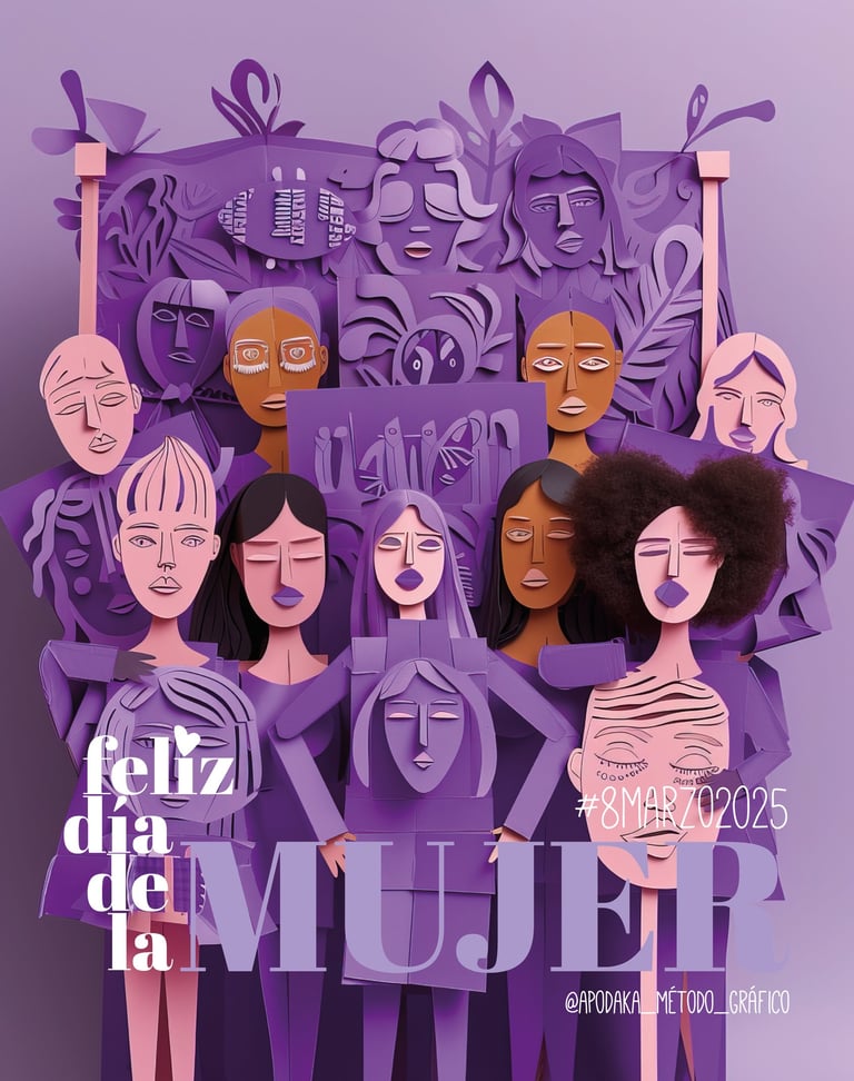 Ilustración en tonos morados por el Día Internacional de la Mujer 2025 con grupo de mujeres diversas