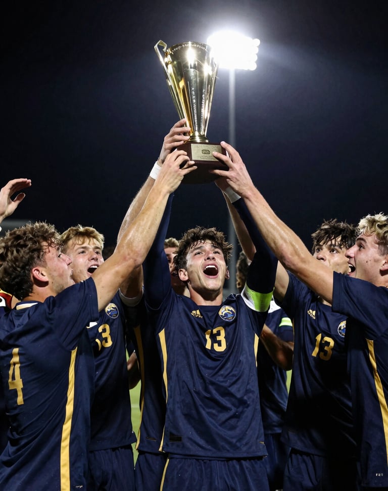 Dynamic high-contrast photo of the 2025 St. Joseph Boys Soccer team celebrating their state championship, players in modern navy and gold uniforms, trophy lifted high, stadium floodlights, low-angle dynamic action shot, tight emotional close-up of players, deep navy and gold tones, sharp focus, 70-200mm lens.