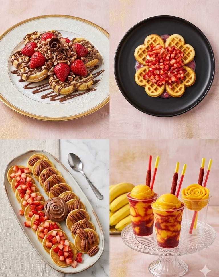Un collage de postres gourmet para el desayuno, que incluye waffles en forma de corazón con fresas