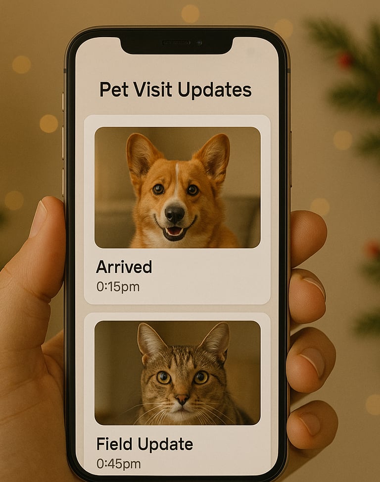 Phone showing real-time pet visit updates.