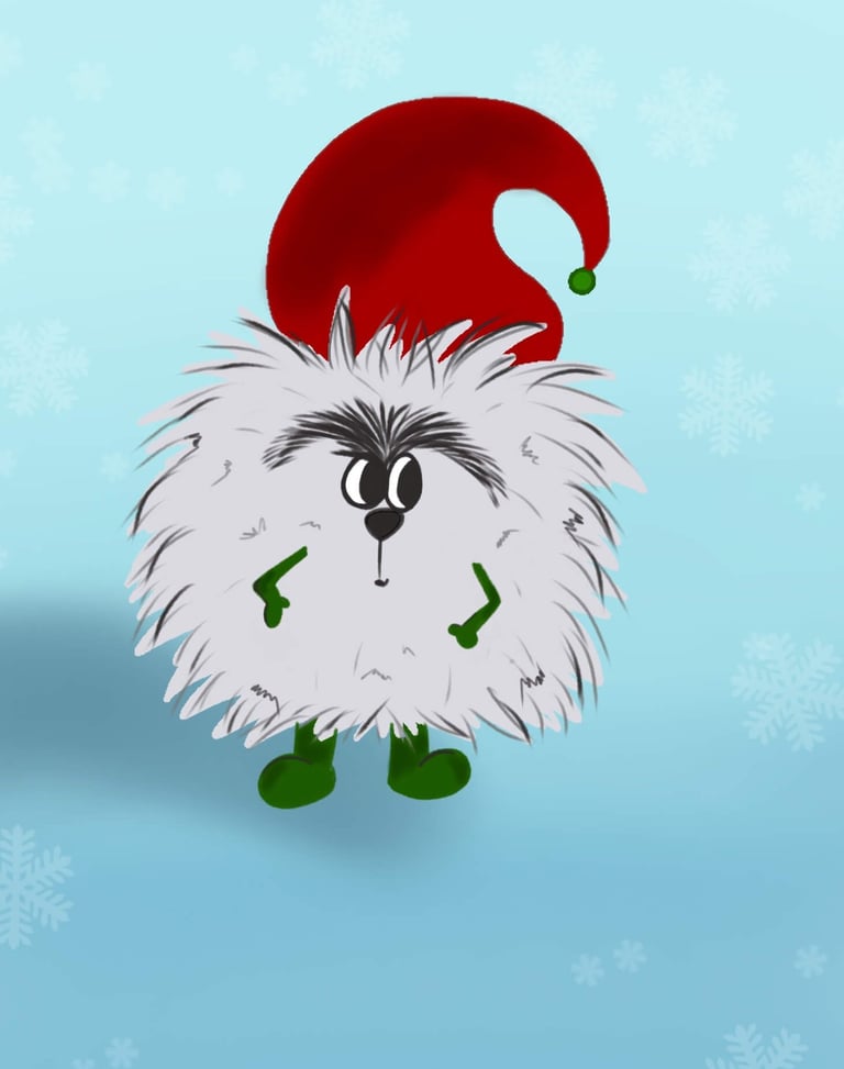 illustration d’un groumpf blanc au bonnet rouge, personnage de conte jeunesse