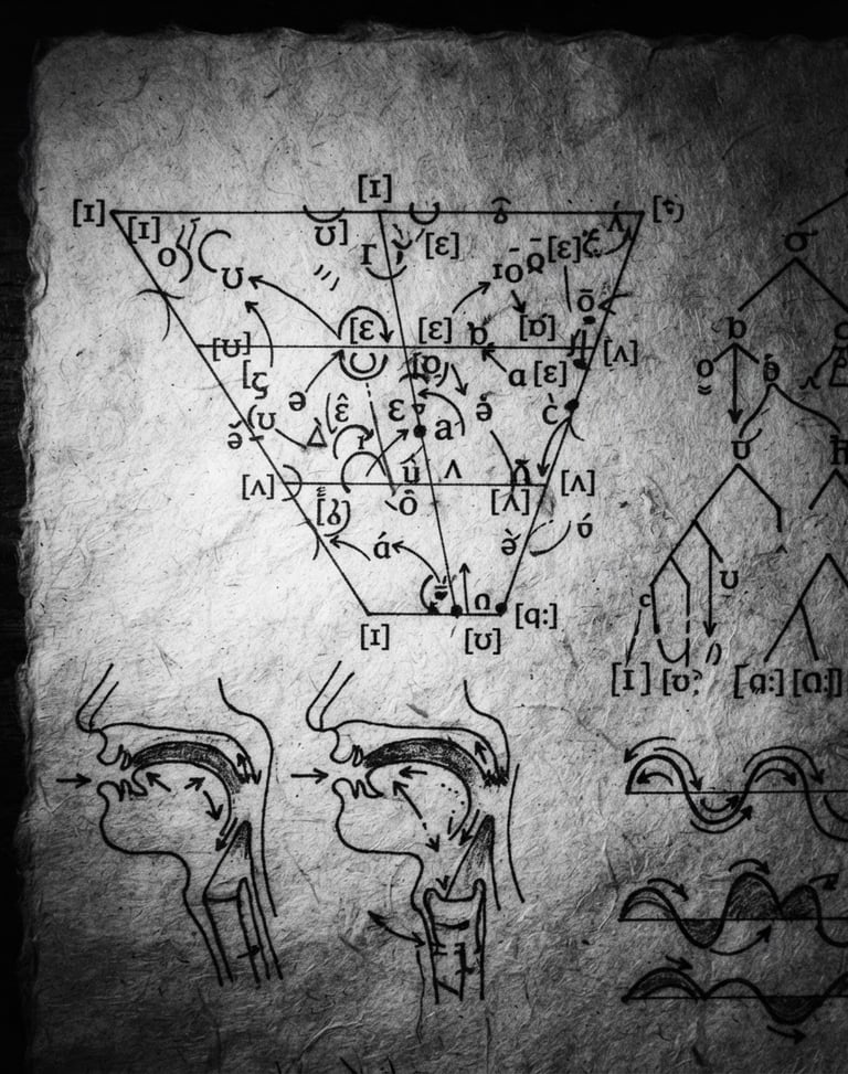High-contrast scan of linguistic phoneme diagrams and phonetic vowel charts of County Durham dialect, charcoal black ink on raw paper, dramatic low-key side lighting, 35mm film grain