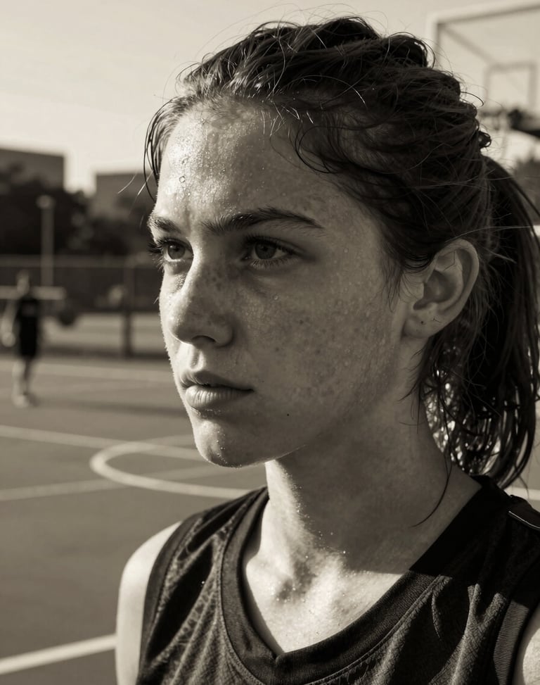 High-contrast black and white close-up portrait of a young female streetball player, sweat on brow, determined expression, outdoor court background