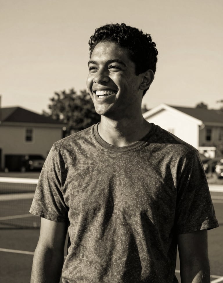 High-contrast black and white portrait of a local youth mentor laughing, warm golden sunlight, outdoor neighborhood background