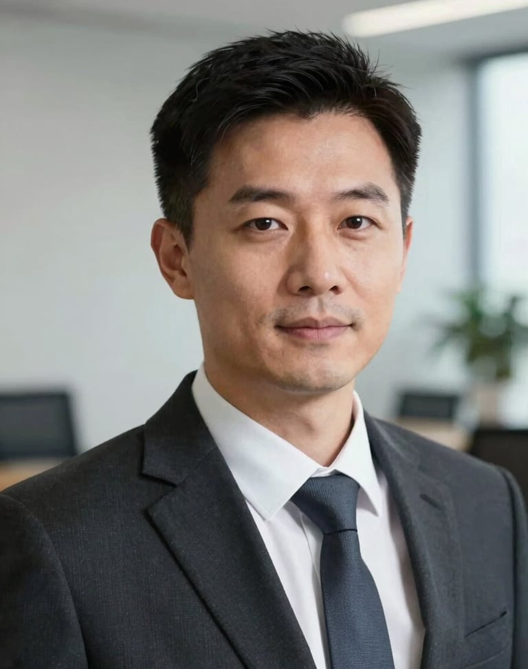 Professional headshot of a male notary partner in executive attire, clean bright office background, cool natural lighting.