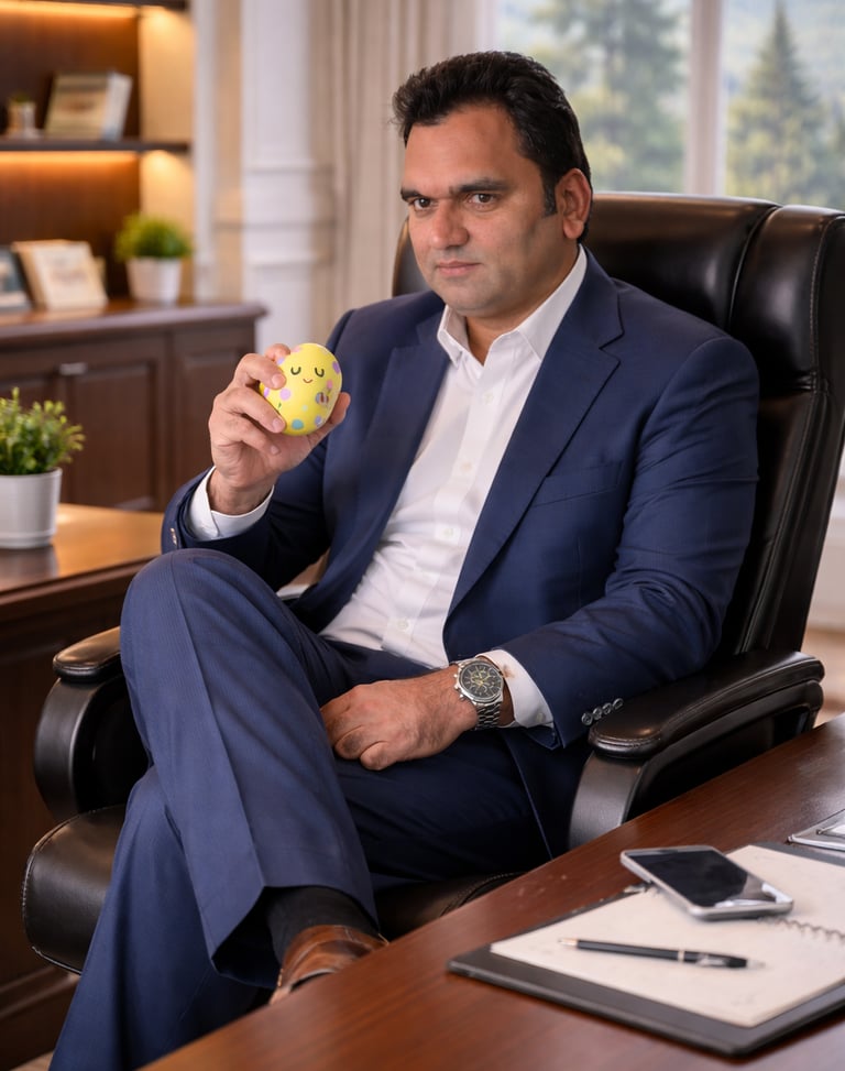 A businessman in a blue suit holds a yellow stress ball in a professional office setting.