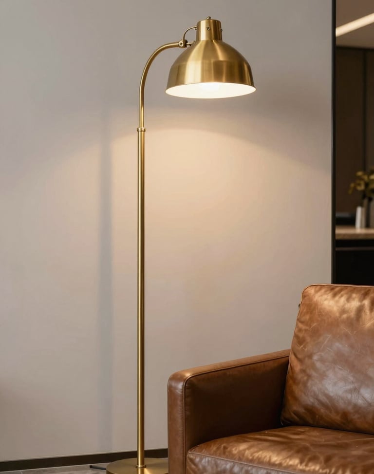 Heavy-duty brass floor lamp anchored next to a leather armchair in a luxury hotel lounge, warm glow, 35mm