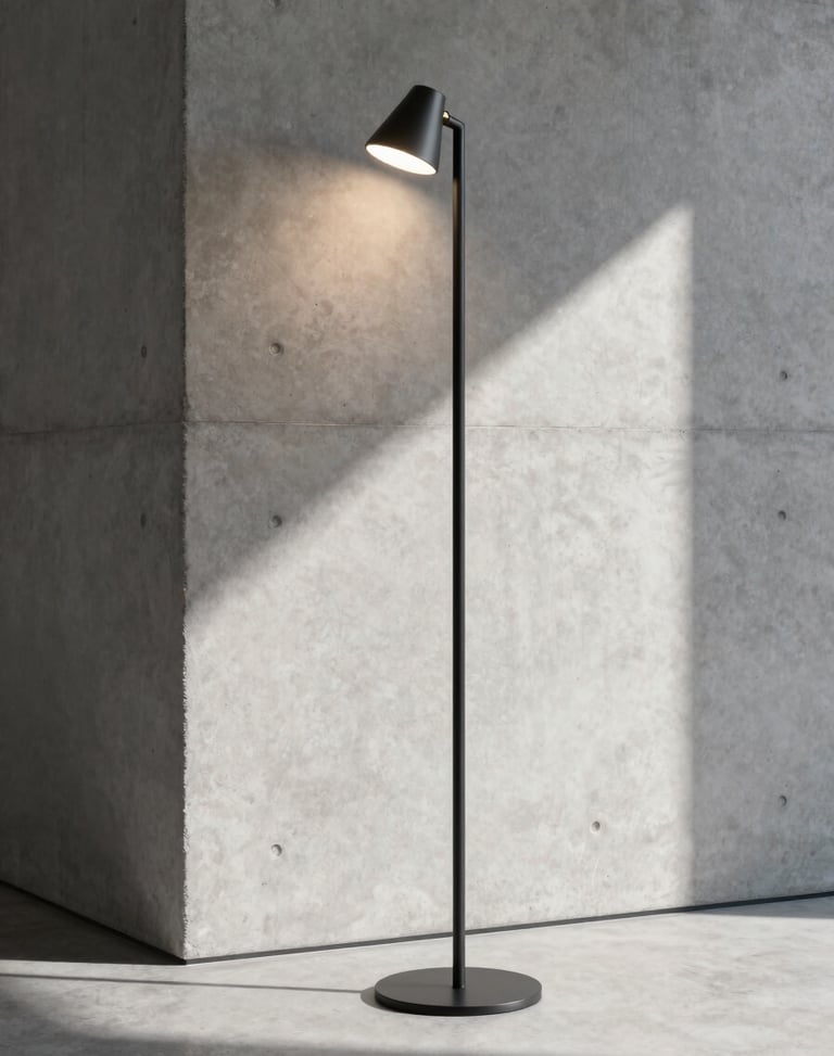 Ultra-slim matte black floor lamp standing in a modern concrete gallery space, sharp linear shadows, 35mm