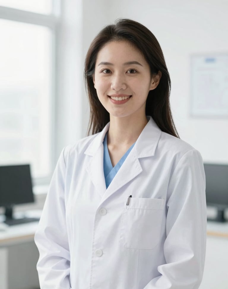 Professional portrait of a female dermatologist in a clean white medical coat, smiling warmly in a bright clinical office, high-key natural light.