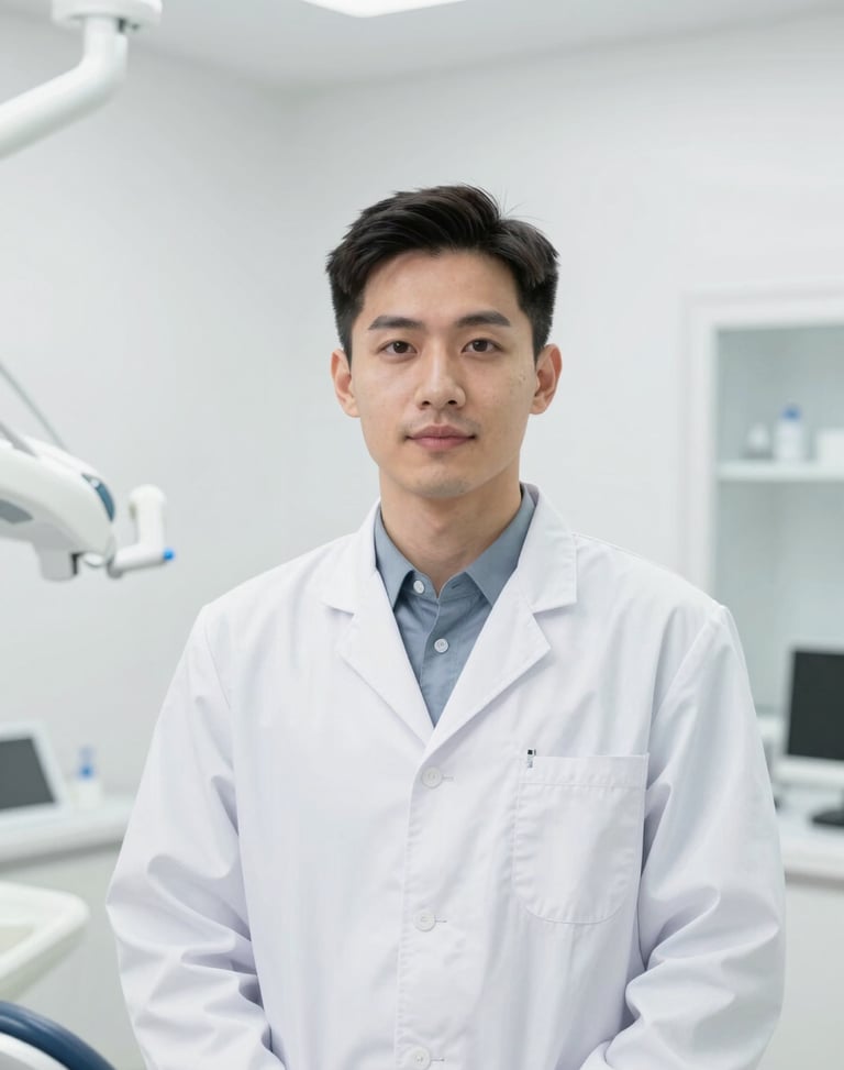 Professional portrait of a male cosmetic dentist wearing a sterile white coat, standing in a pristine, bright dental operatory, soft daylight.