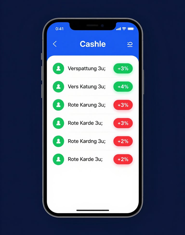 Mockup of a mobile screen displaying a team cash ledger, showing categories like 'Verspätung' and 'Rote Karte' with green paid and red unpaid badges.