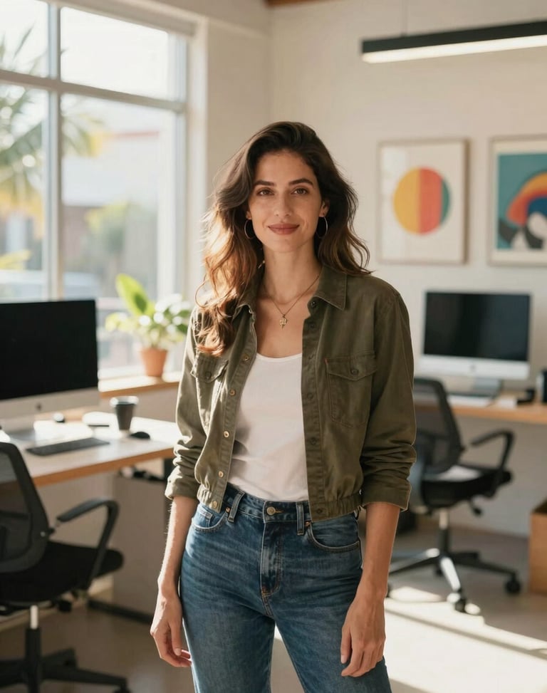 Editorial portrait of a female creative director in a sunlit Sarasota studio, warm tones, natural Florida light, professional and approachable, 35mm