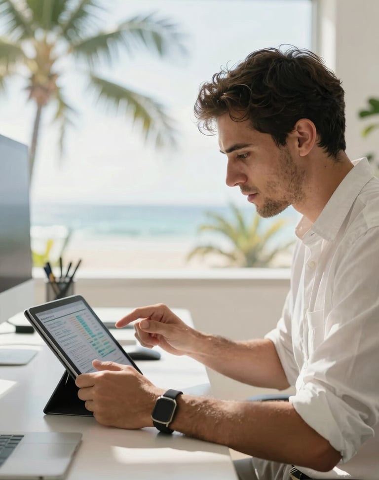 Editorial portrait of a male search strategist analyzing data on a tablet in a bright Florida workspace, soft natural light, 35mm