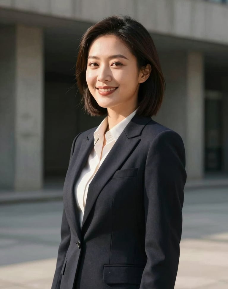 Elegant portrait of a professional female lawyer, sharp side-lighting, warm professional smile, architectural concrete background.