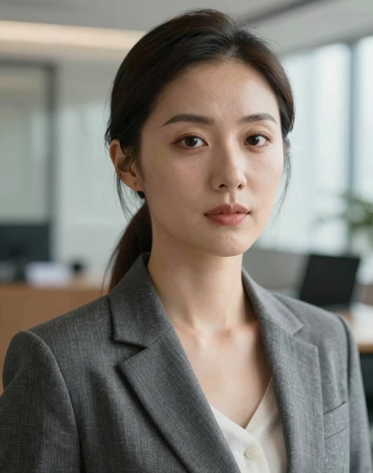 Elegant close-up portrait of a professional female lawyer, sharp natural light, confident expression, modern office background with soft focus.