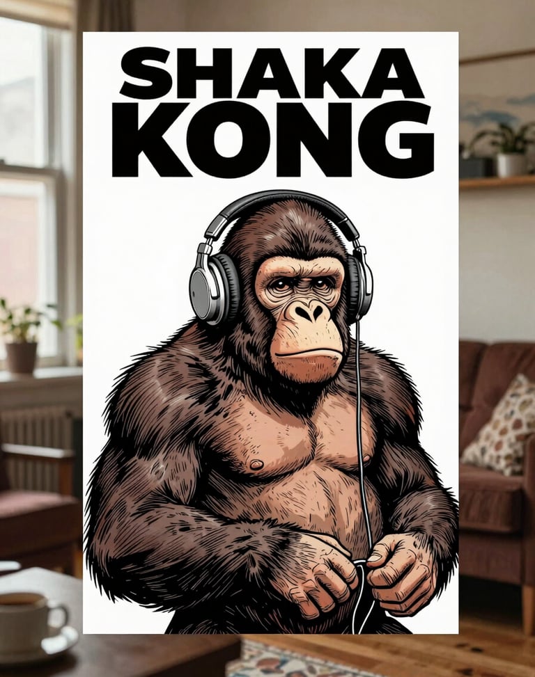 Shaka Kong comic book cover, humorous illustration of a giant friendly ape wearing retro headphones in a cozy Brooklyn apartment, rich ink line art