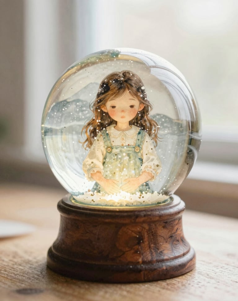 Carrie and the Snow Globe cover art, whimsical watercolor illustration of a young girl holding a glowing glass sphere, soft morning light, rich paper texture