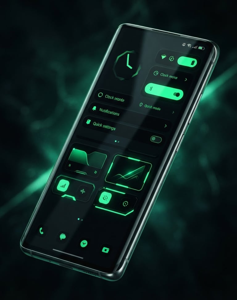 Angled high-fidelity Android smartphone mockup displaying a dark mode system interface with vibrant neon green accents, sharp glass reflections, 50mm macro lens photography