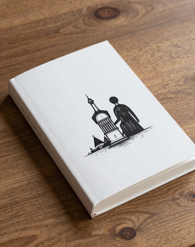 A clean physical book mockup of a novel on a wooden table, showing a textured spine and minimalist black ink cover illustration.