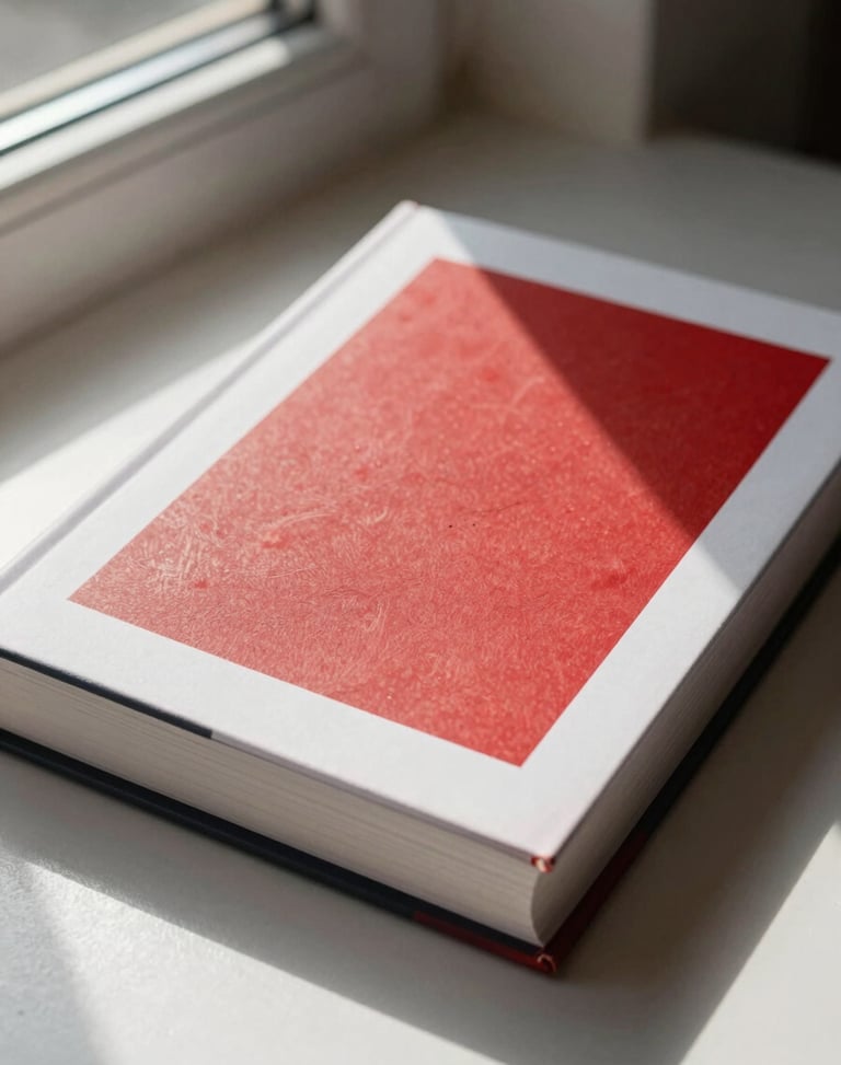 A physical hardcover book mockup with a dusty red accent markup on the cover, resting under soft window light.