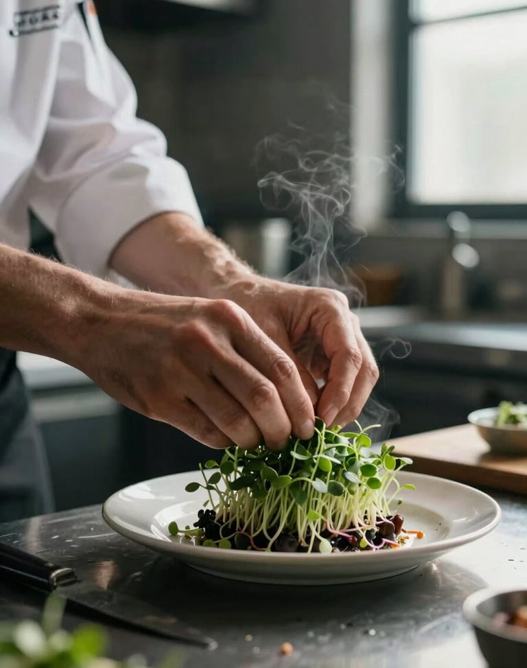 Close-up of a chef's hands carefully placing microgreens on a steaming dish at the kitchen pass, soft directional window light, dark moody background.