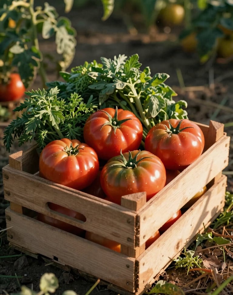 A wooden crate filled with freshly harvested heirloom tomatoes and organic herbs sitting in a sunlit field, high shadow contrast, natural warm tones.