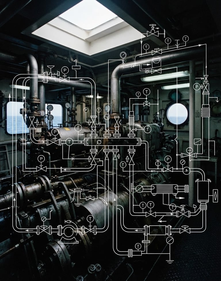 Technical schematic overlay of high-pressure marine piping network, white blueprint lines on a deep steel gray background, absolute precision