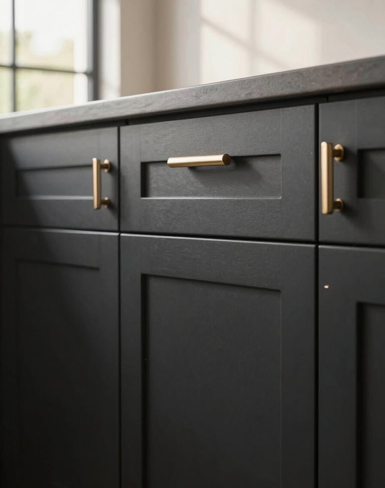 A pristine, matte black kitchen cabinet with a flawless, grain-free factory-smooth spray finish, modern champagne gold hardware, warm morning light