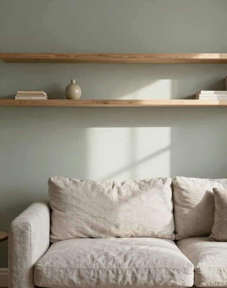 Minimalist Scandinavian living room with soft sage walls, light oak shelving, linen sofa under diffused north-facing daylight, 35mm