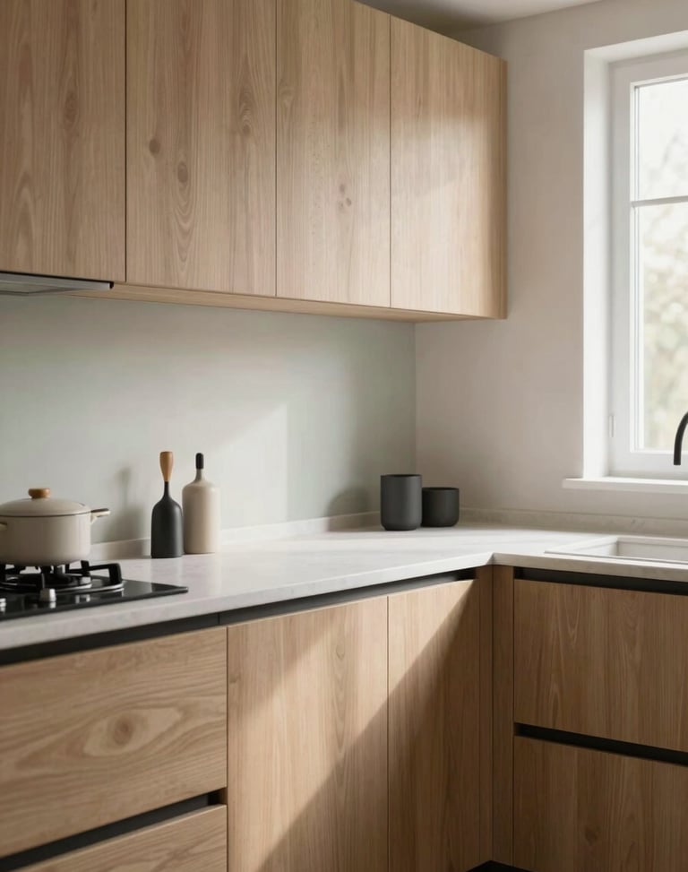Bright Scandinavian kitchen with flat-panel light oak cabinets, white stone countertops, soft diffused morning light, matte black fixtures, 35mm