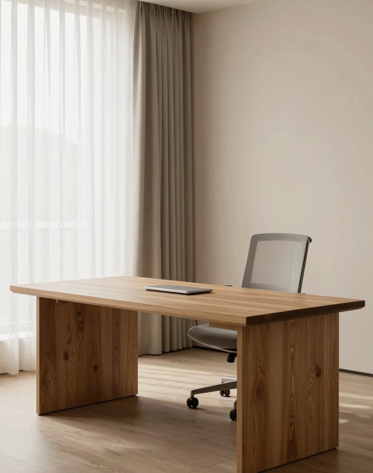 Modern minimalist home office with a large oak desk, ergonomic chair, large window with soft sheer curtains, light beige walls, 35mm