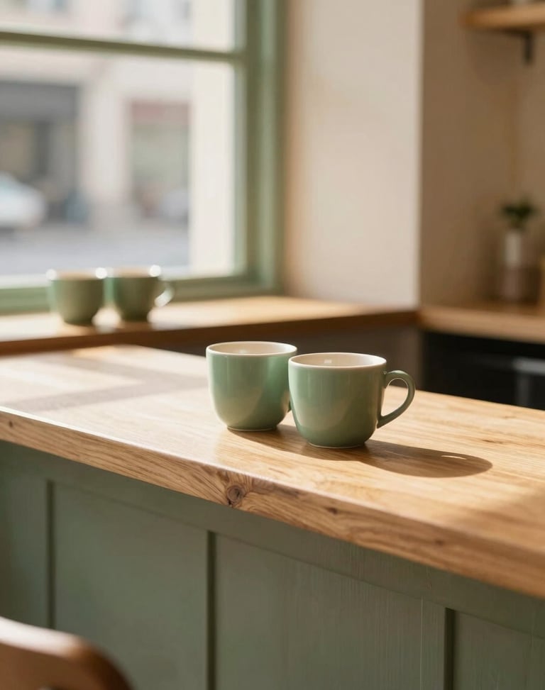 Boutique cafe interior with warm wood counters, matte ceramic cups, sage green accents, soft golden hour window light, 35mm