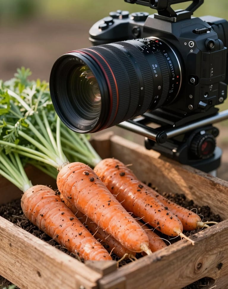 Close-up of a professional camera rig positioned over a rustic wooden crate filled with soil-dusted organic carrots, warm natural morning light.