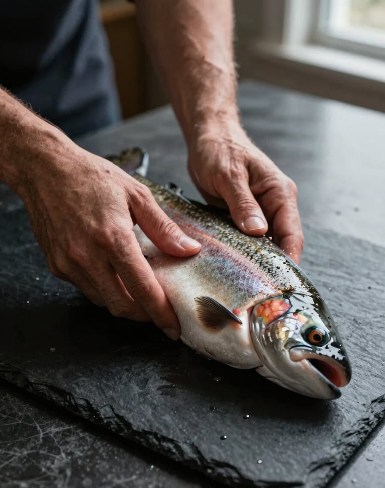 Tactile macro shot of hands prepping a raw heritage trout on a dark slate counter, low-key directional window light.