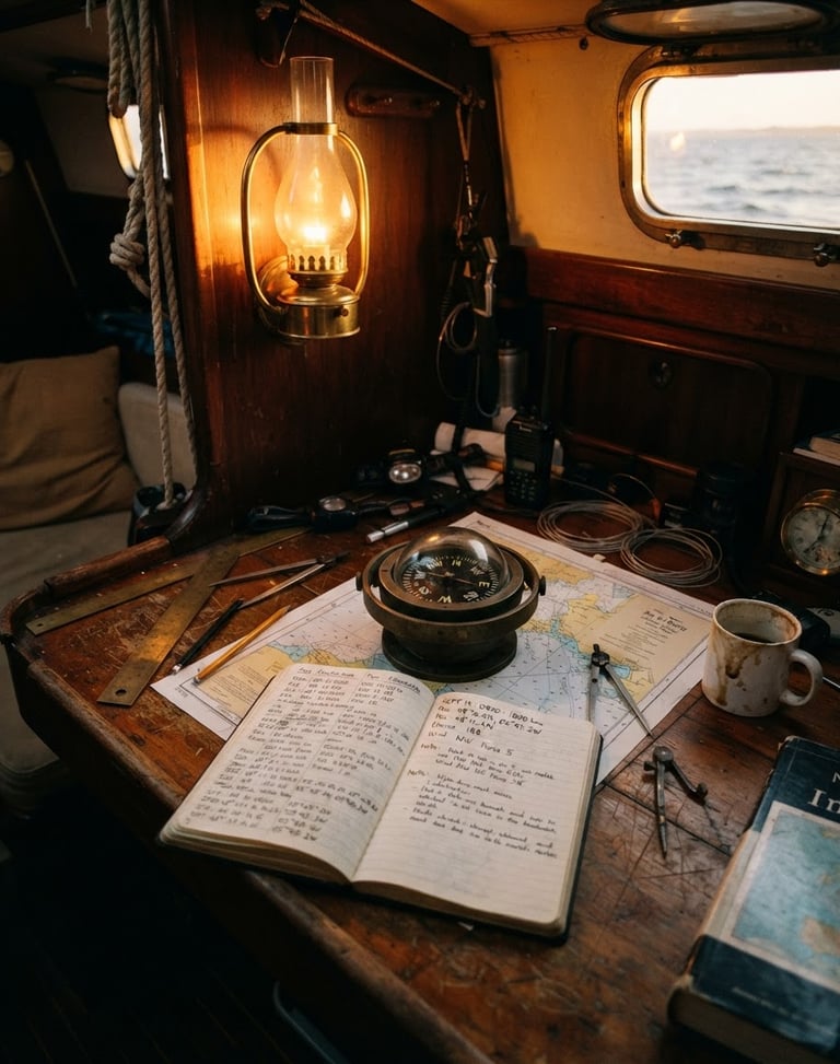 Gritty 35mm film photograph of a messy navigation table inside a sailboat cabin, a hand-written paper logbook open beside a brass compass, warm golden-hour oil lamp light casting long soft shadows.
