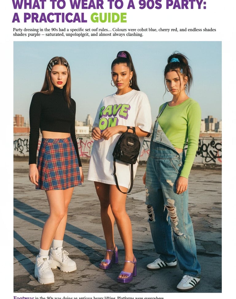 Women in 90s party outfits with bold colors, crop tops, denim, and retro accessories.