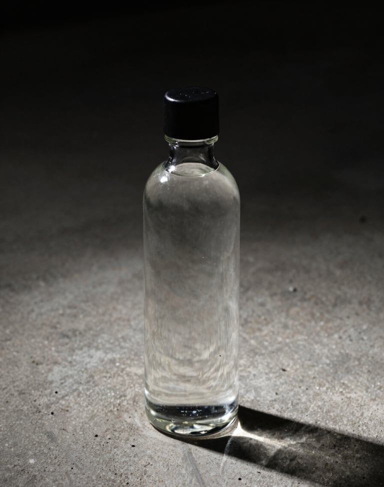 High-contrast product close-up with harsh direct flash and deep shadows, modern minimalist glass bottle on a raw concrete surface, off-center crop.