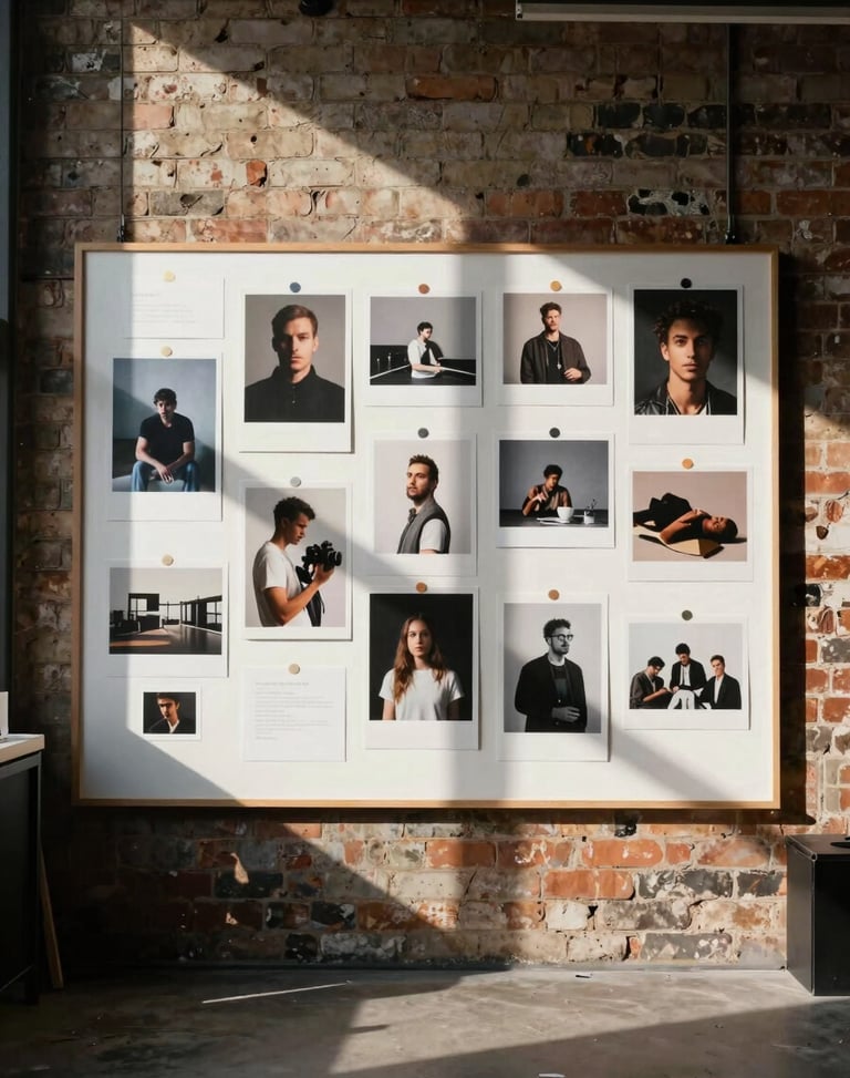 Candid creative collaboration in a South London warehouse studio, harsh natural light casting deep graphic shadows across a large moodboard on a brick wall.