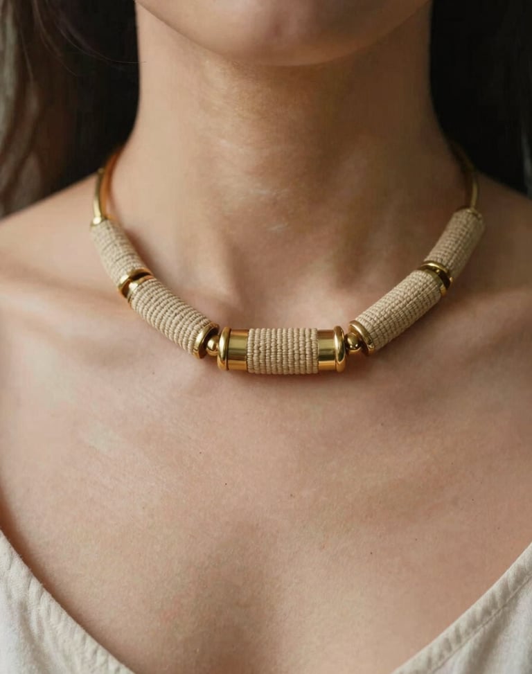 Portrait close-up of an elegant statement necklace combining hand-woven textile cylinders with polished brass elements, shallow depth of field