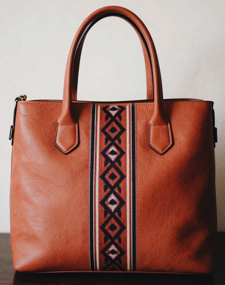 Portrait shot of a structured terracotta leather handbag with a bold geometric tenun accent strip down the center, warm editorial lighting