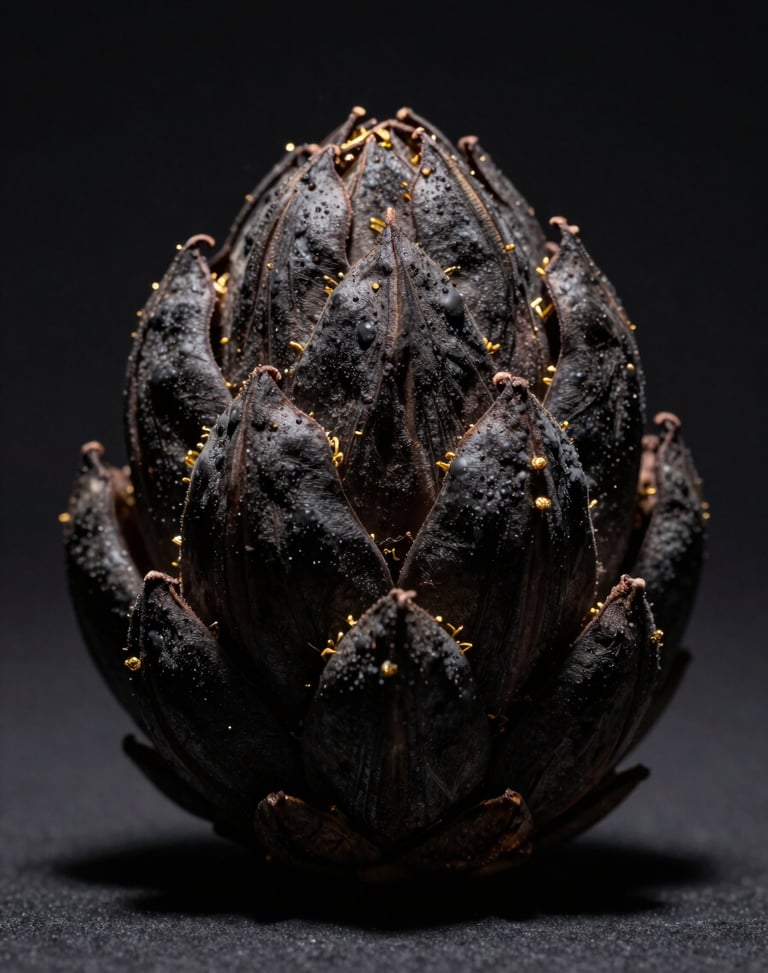 Isolated macro shot of a dense deep-charcoal botanical bud with golden trichomes, dark background, dramatic side-lit shadow
