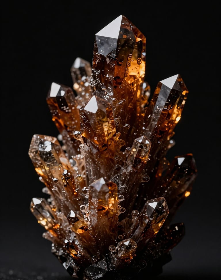Macro photography of a crystalline botanical structure, rich amber tones, low-key lighting, obsidian background