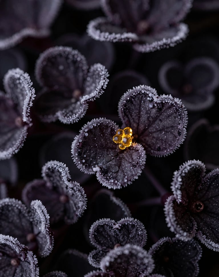 Extreme close-up of dense dark-purple botanical structures, frosted with golden crystalline resin, moody studio lighting