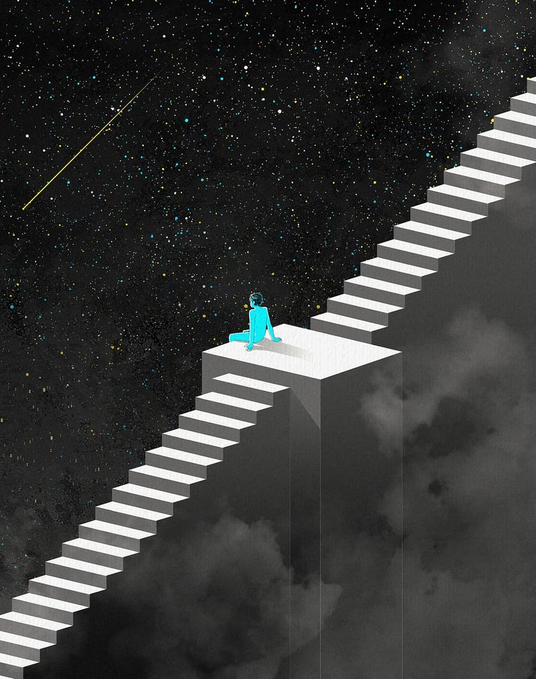a blue girl sitting on neverending staircase looking into a stairy sky