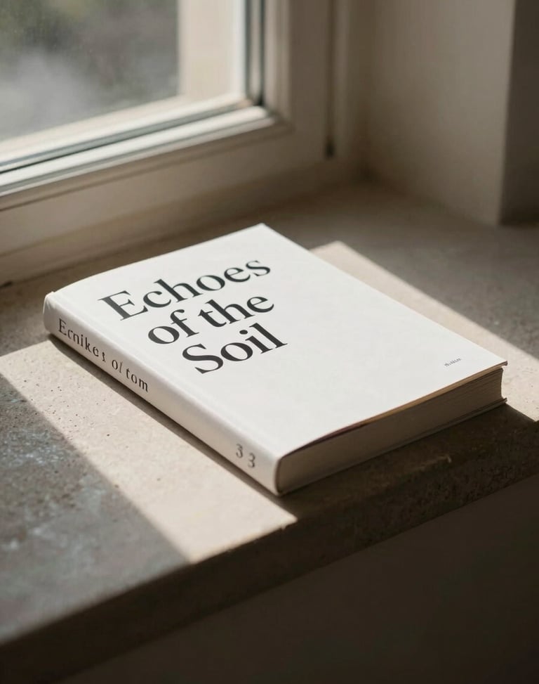 A high-contrast editorial photograph of a hardcover book titled 'Echoes of the Soil' resting on a stone ledge, warm afternoon light, shallow depth of field