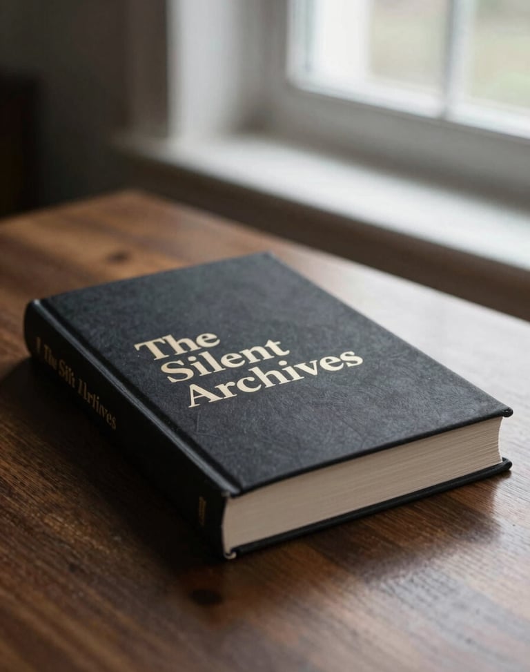 A high-contrast editorial photograph of a hardcover book titled 'The Silent Archives' resting on a dark wooden table, soft window light, shallow depth of field