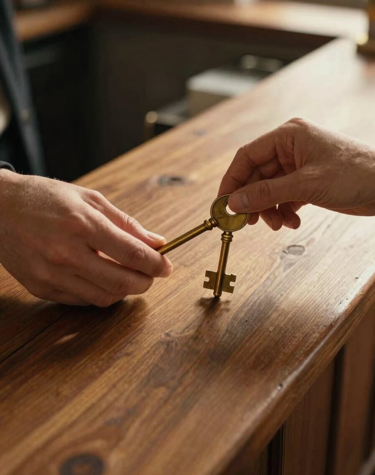 Close-up of hands placing a heavy brass room key on a rustic wooden reception desk, soft golden hour light, warm editorial style.