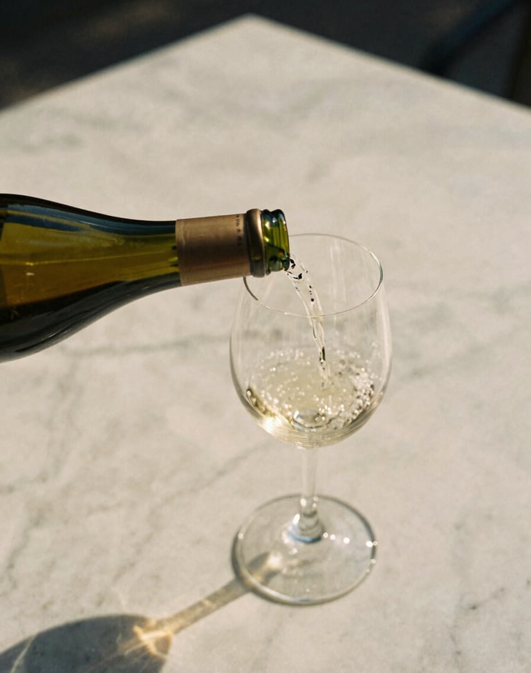 A close-up of natural wine being poured into a delicate glass on an outdoor marble table, warm sun-drenched afternoon light, 35mm film aesthetic.